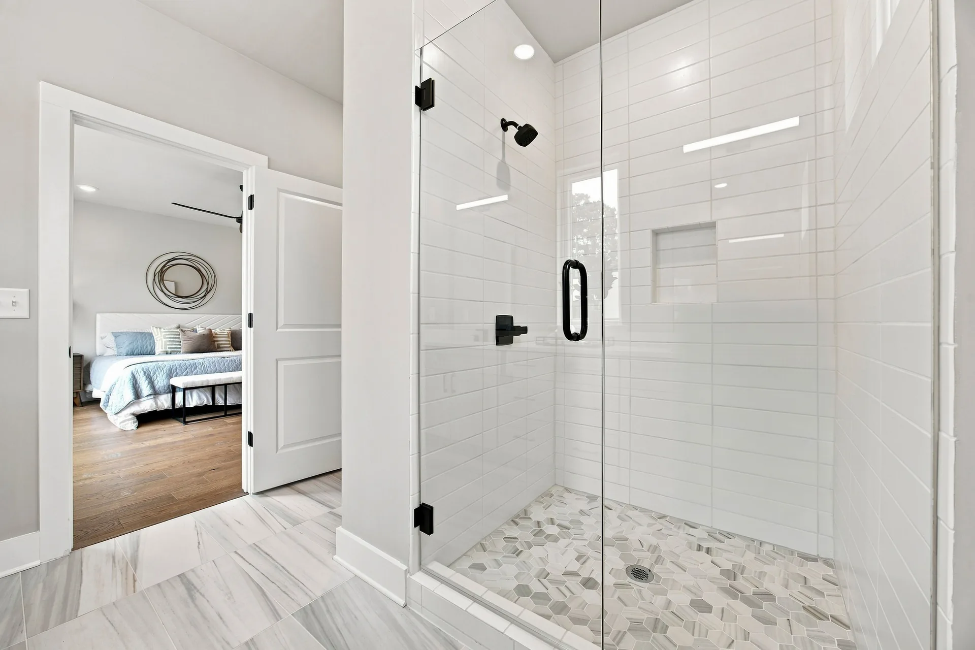 Shower and bedroom view — teal collection