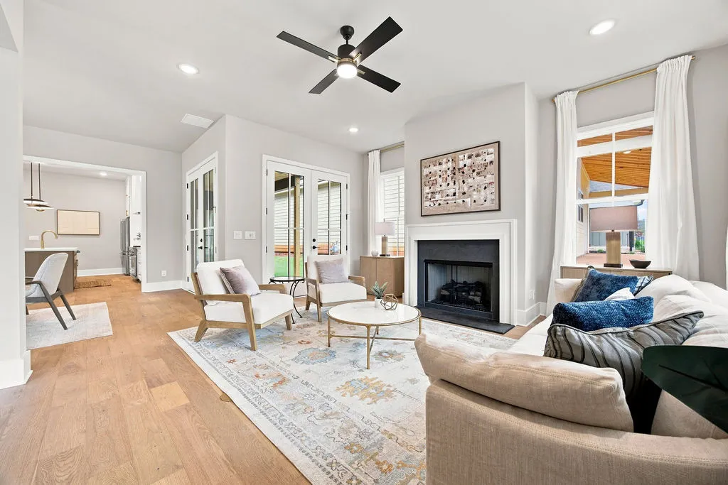 Living room, fireplace and patio view